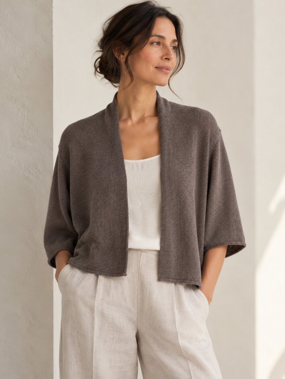 EILEEN FISHER Taupe Silk Blend Cropped Open Front Knit Cardigan Quiet Luxury M